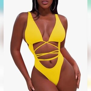 Sexy‎ Large Bright Yellow Strappy One-Piece Swimsuit